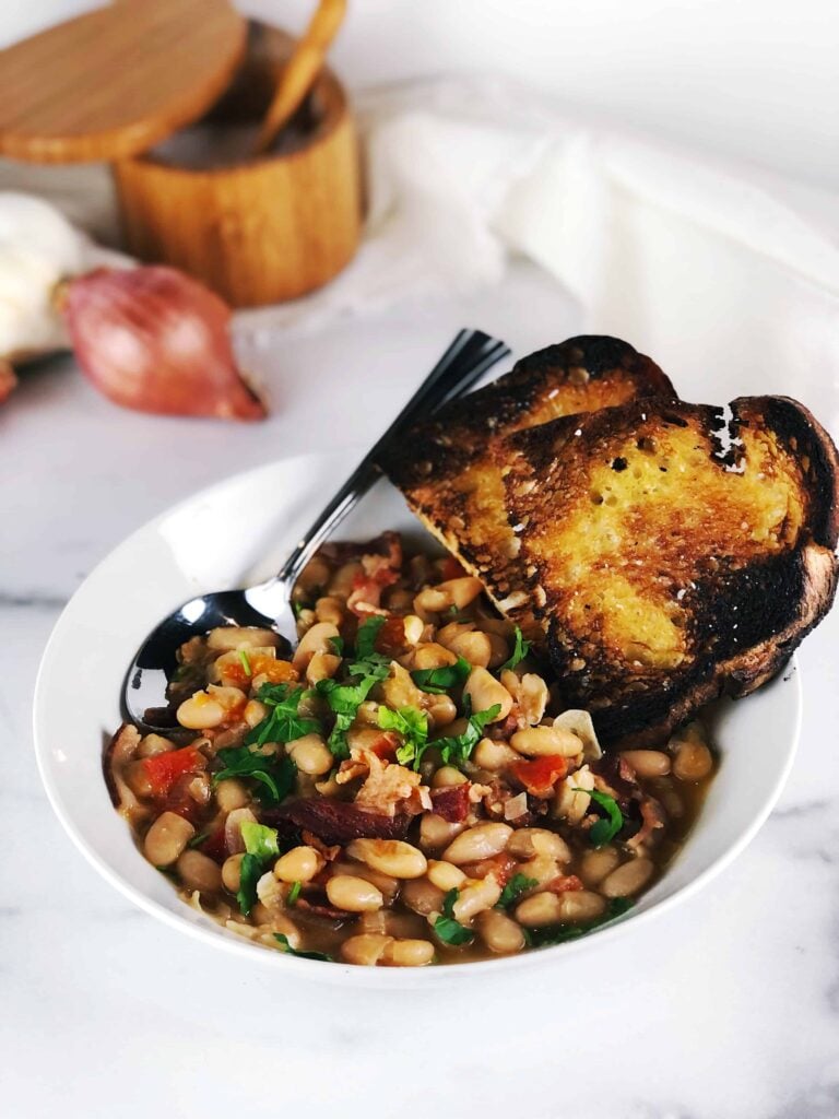 cannellini beans and pancetta closer angle