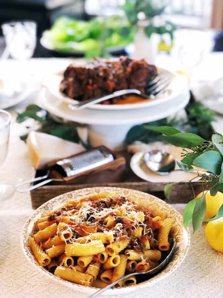 pasta genovese at table