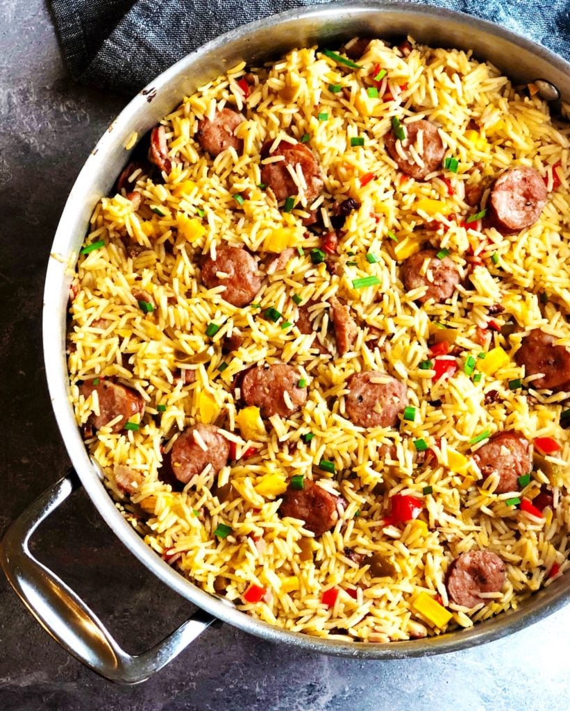 sausage jambalaya top view