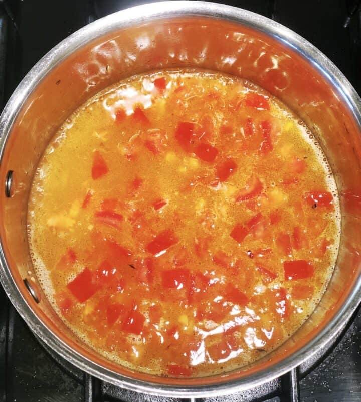 broth added to rice