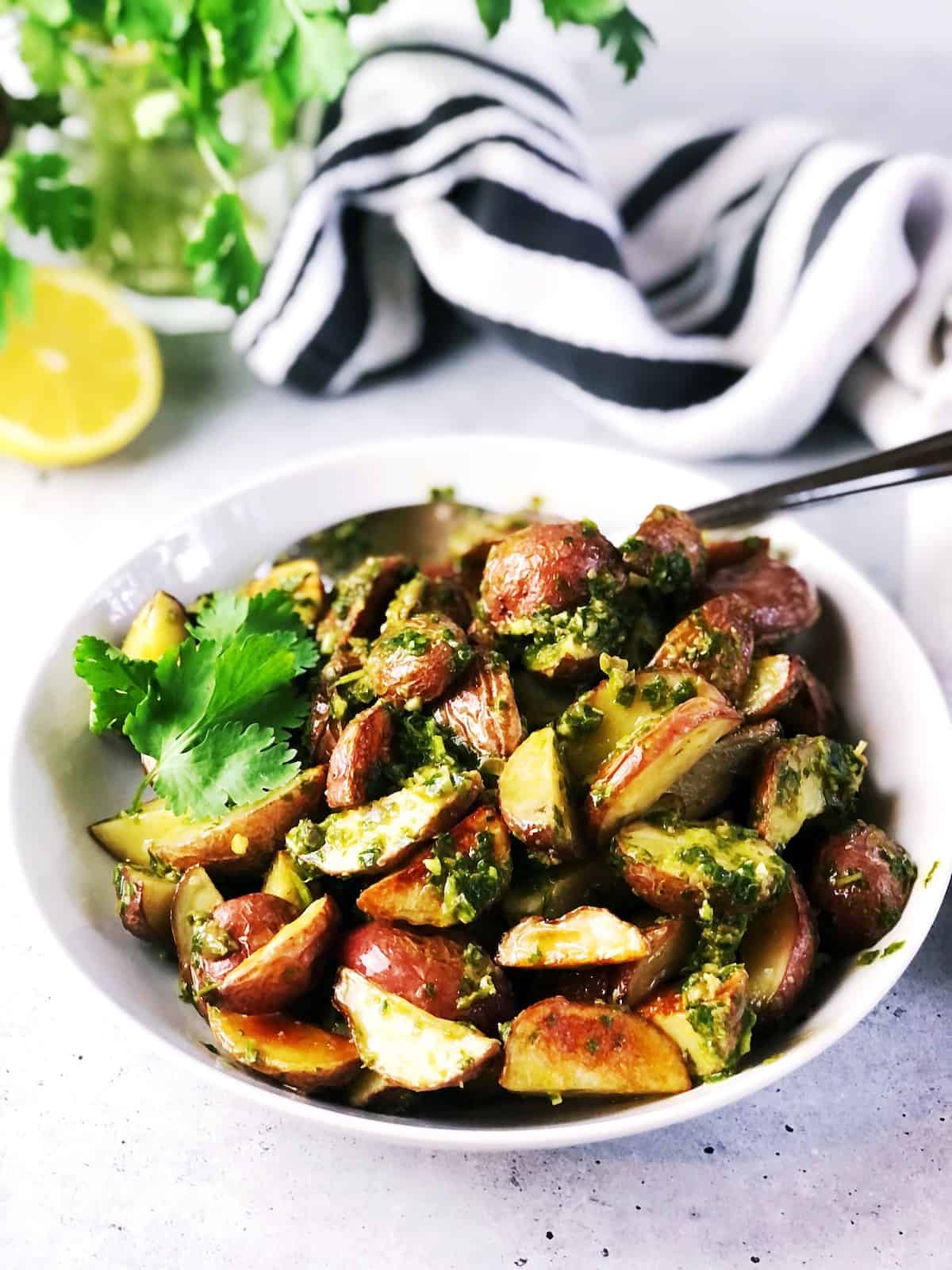 side view of Italian potatoes in bowl