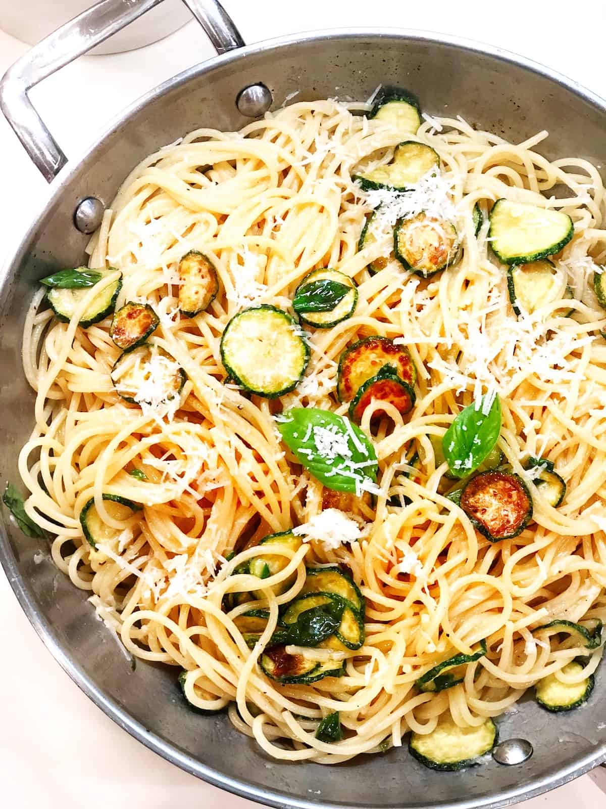 pasta Nerano mixed together in pan