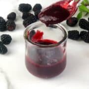closeup of blackberry puree being poured off of spoon into a bowl
