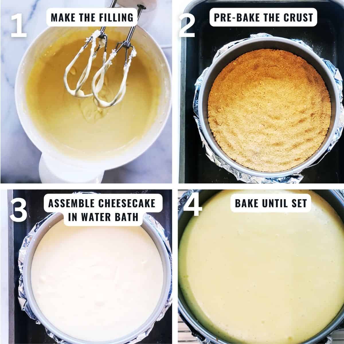 Cheesecake preparation from making the filling, pre-baking the crust then assembling and baking it in the oven.