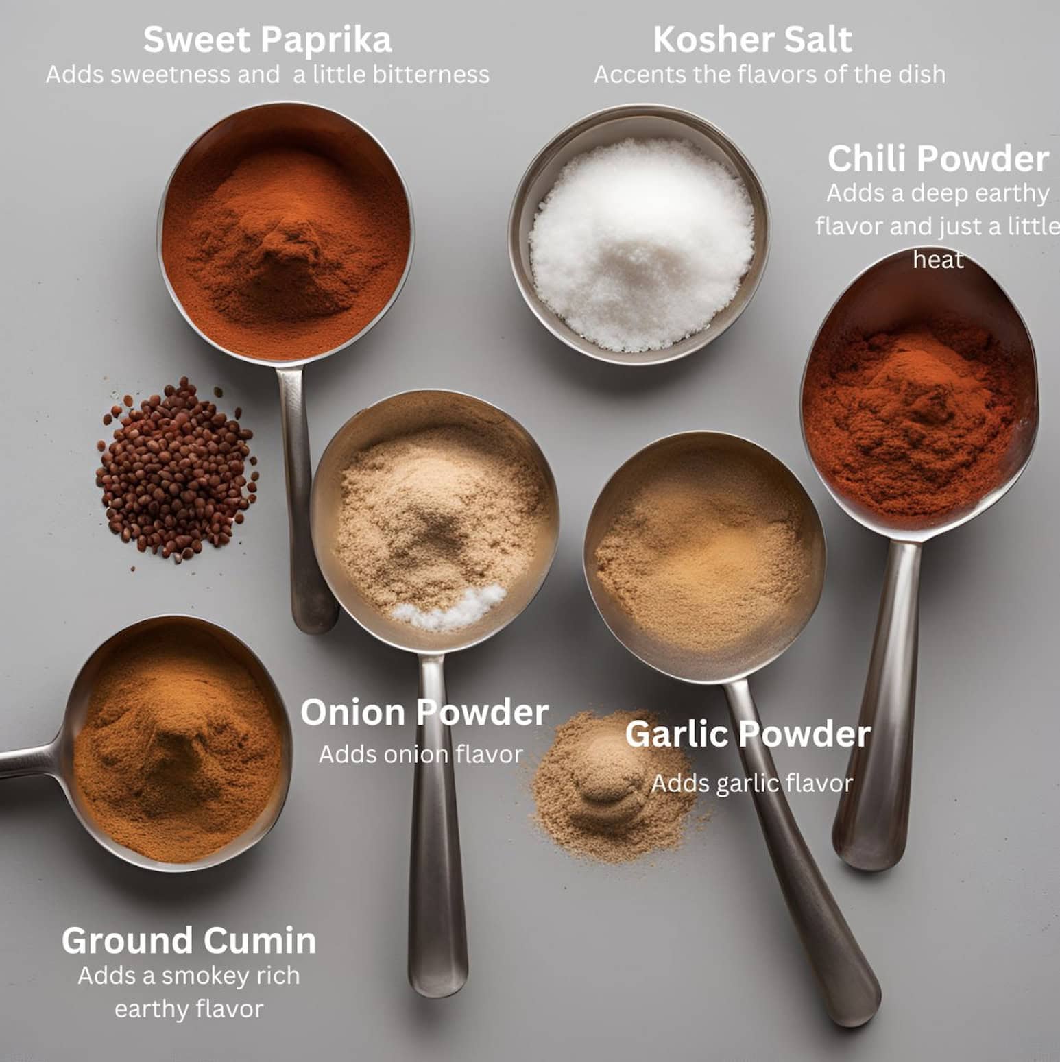 Chili seasoning spices in individual serving spoons with their names and the flavors that they add to chili. Garlic powder adds garlic flavor, onion powder adds onion flavor, cumin powder (aka coriander powder) adds a smokey rich flavor, sweet paprika adds sweetness and bitterness, chili powder adds a deep rich earthiness and a little spice and kosher salt accents all the flavors of the dish.