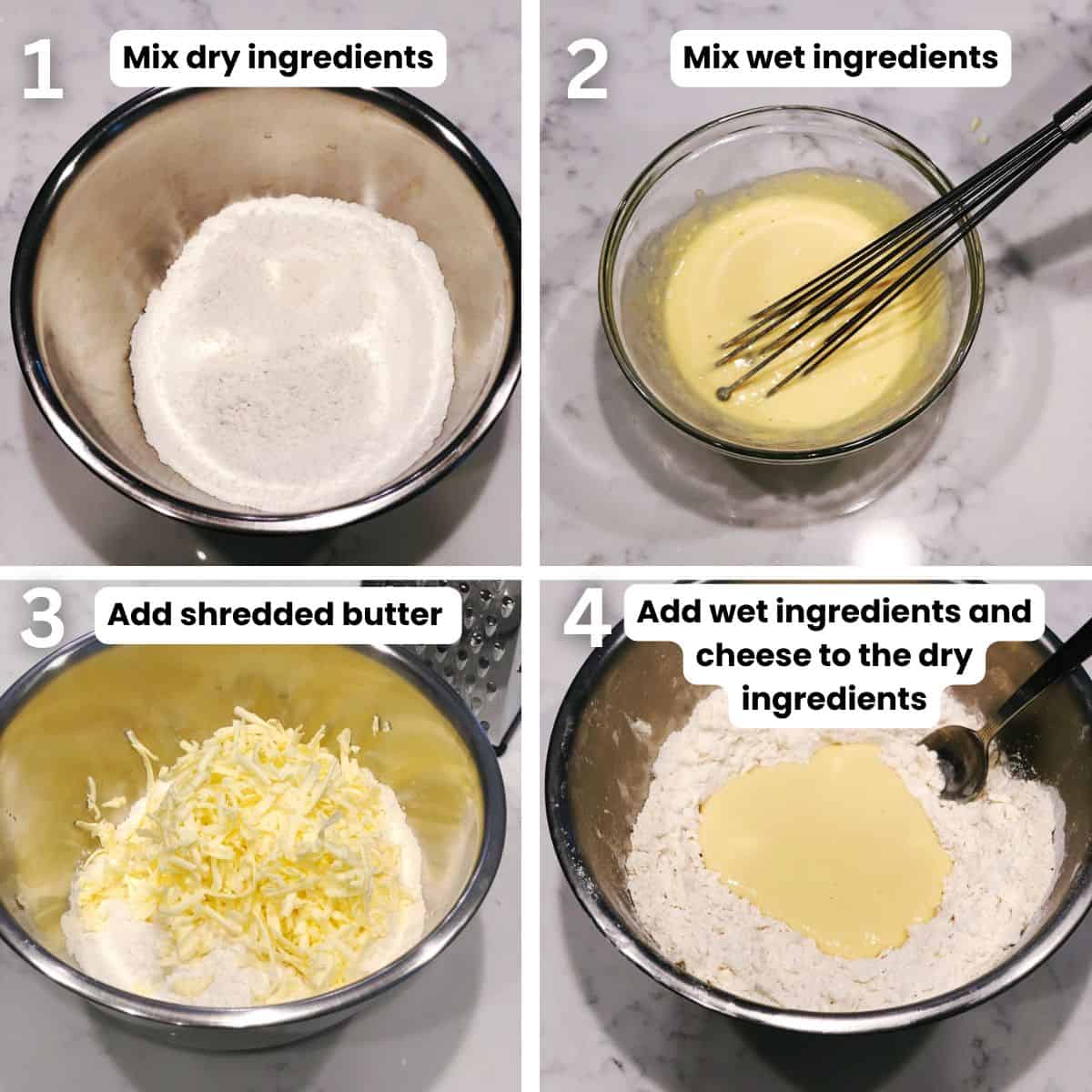 Preparing the cheese scones from: mixing the wet and dry ingredients separately then adding the butter to the dry ingredients and mixing it all together.