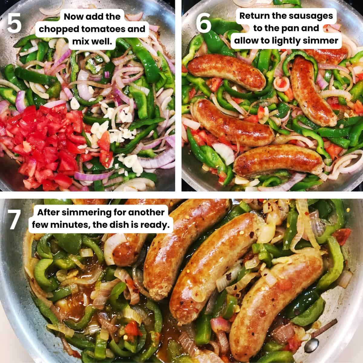 Adding the peppers and onions to the skillet with the sausage.