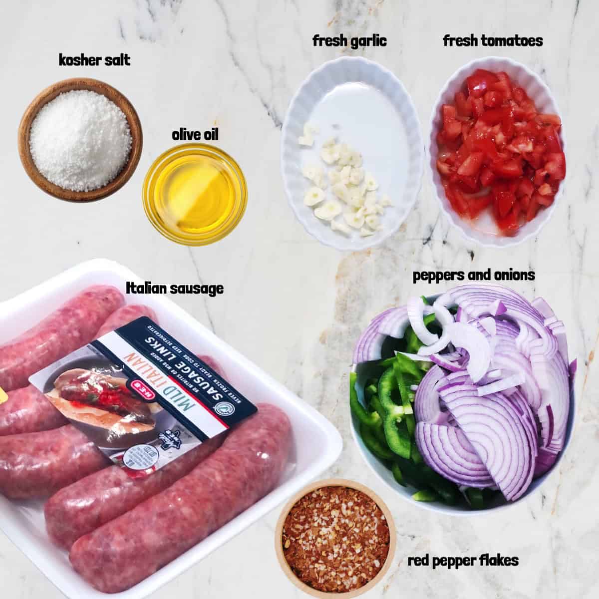 Italian sausage and peppers ingredients.