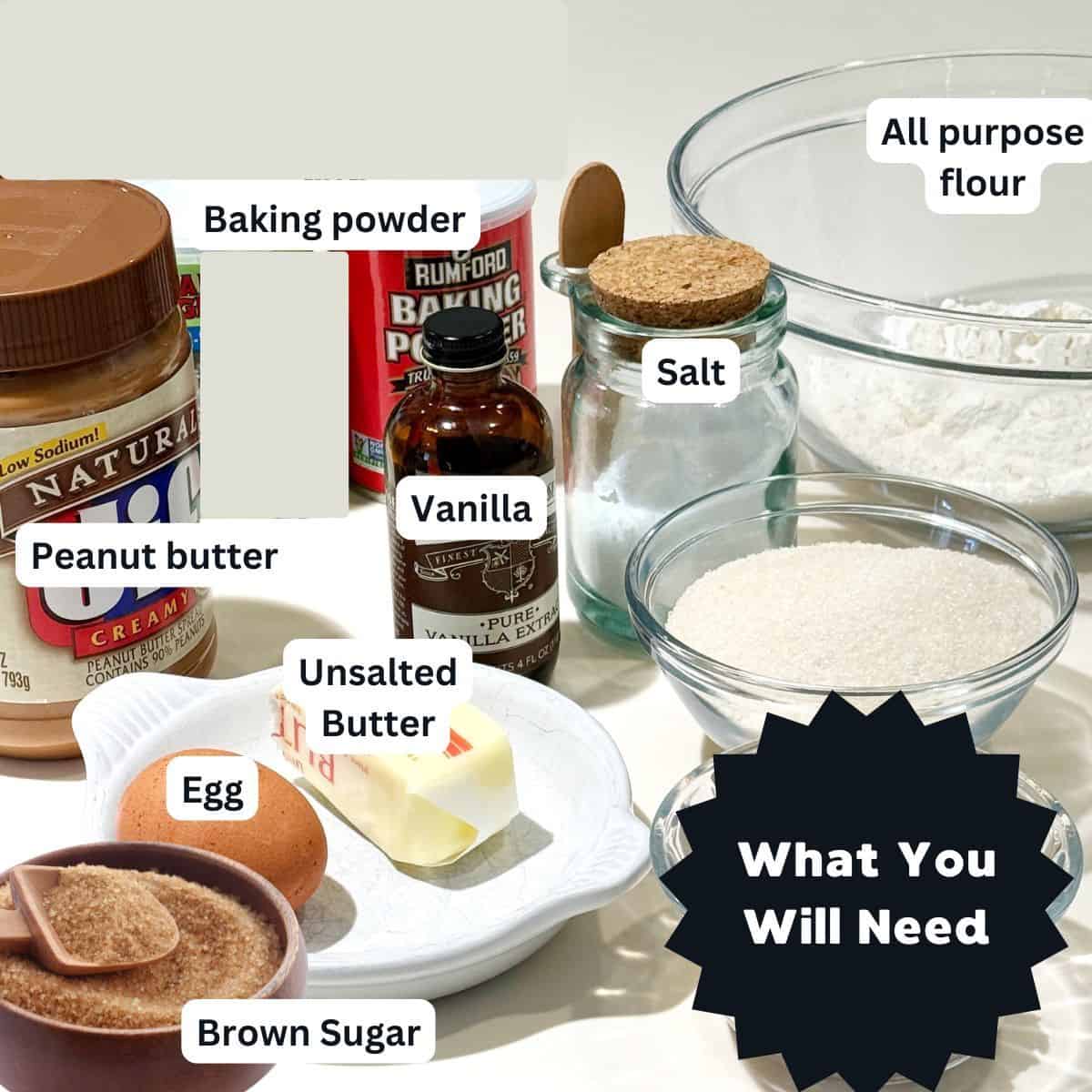 Ingredients for chewy peanut butter cookies.