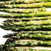 Garlic roasted Parmesan asparagus closeup in the pan.