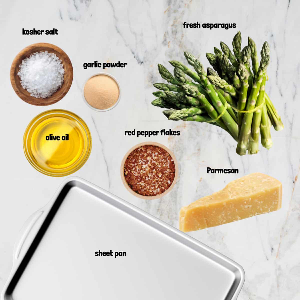 Ingredients for garlic parmesan roasted asparagus.